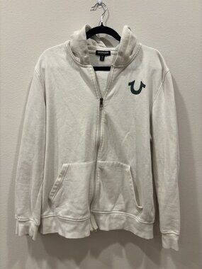 True Religion Big U Silicone Cream Guitar Buddha Zip Hoodie Men's L
